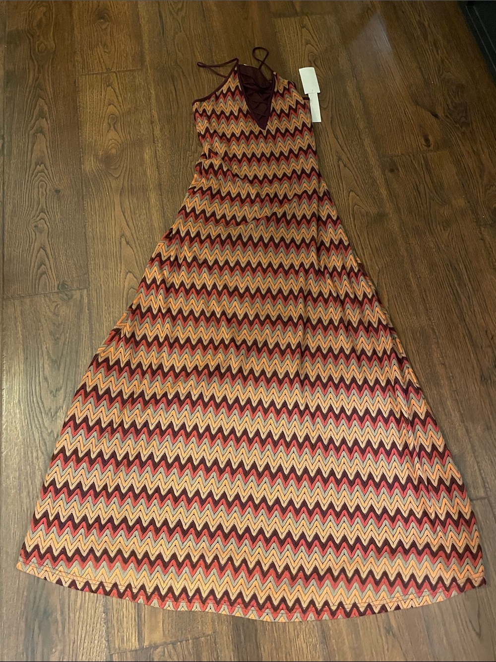 Design Lab Lord & Taylor Burgundy, Tan & Mustard Chevron Maxi Dress